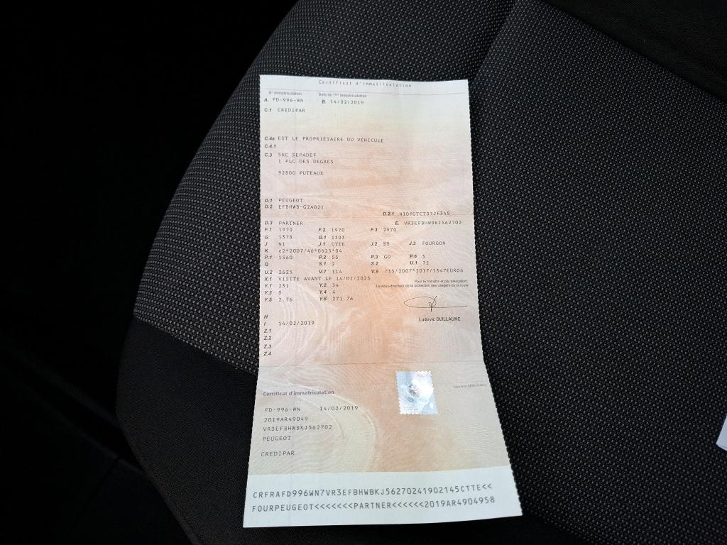 Peugeot PARTNER FOURGON STANDARD 650 KG BLUEHDI 75 BVM5 PREMIUM 2019