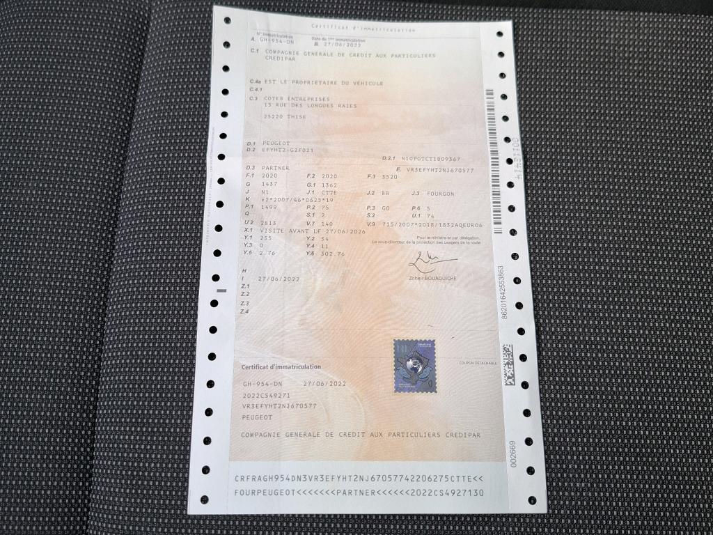 Peugeot PARTNER FOURGON STANDARD 650 KG BLUEHDI 100 S&S BVM6 PREMIUM 2022