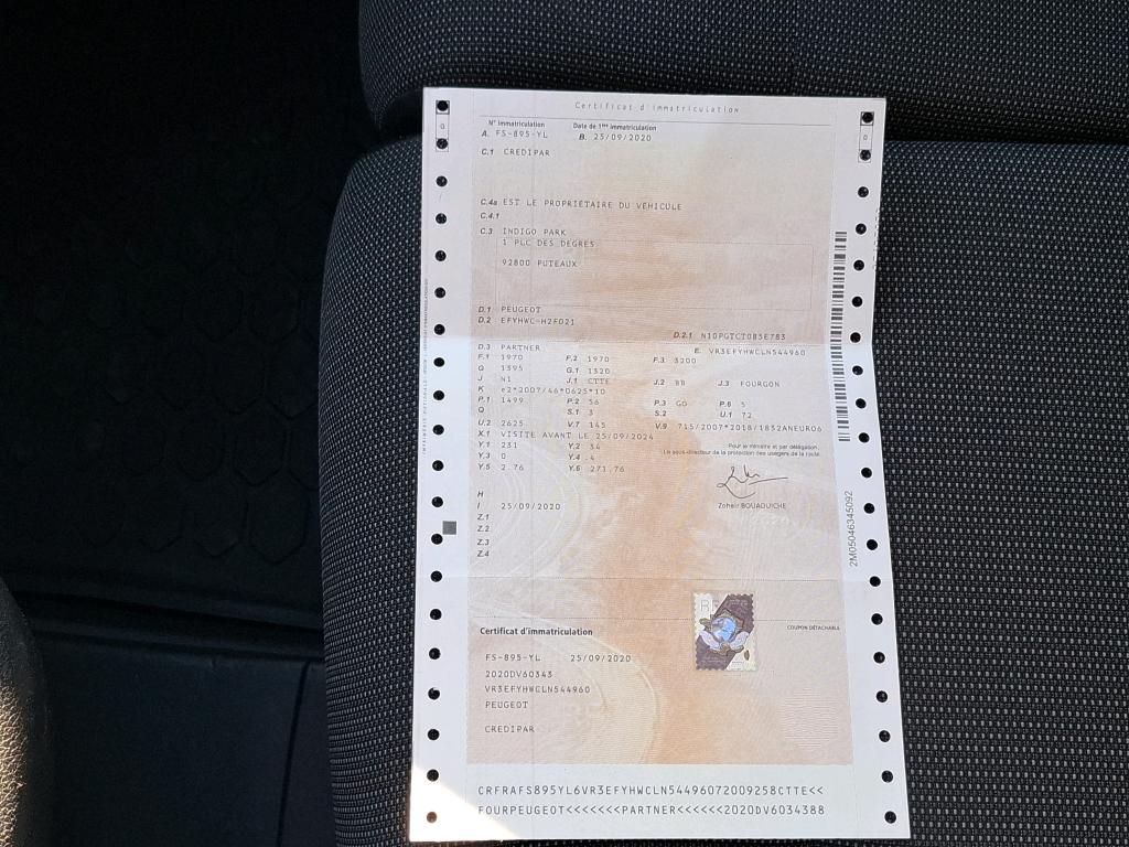 Peugeot PARTNER FOURGON STANDARD 650 KG BLUEHDI 75 BVM5 PREMIUM 2020