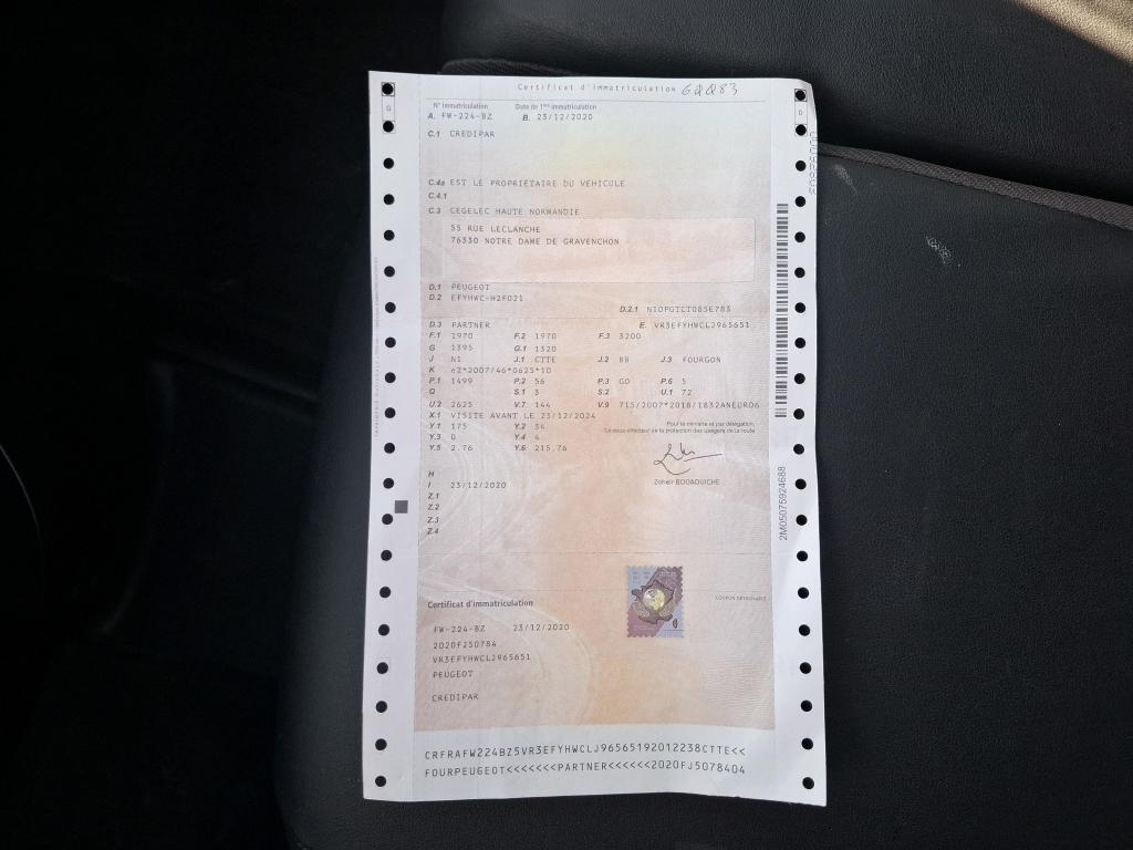 Peugeot PARTNER FOURGON STANDARD 650 KG BLUEHDI 75 BVM5 PREMIUM 2020
