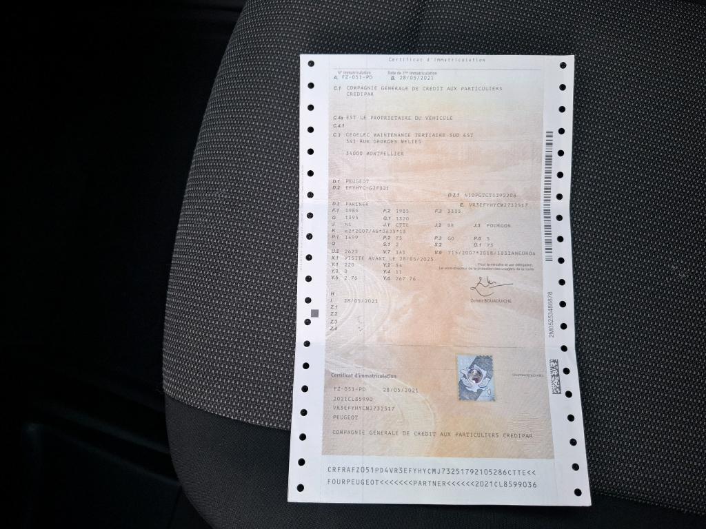 Peugeot PARTNER FOURGON STANDARD 650 KG BLUEHDI 100 S&S BVM5 PREMIUM 2021
