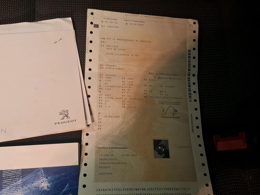 Peugeot PARTNER FOURGON STANDARD 650 KG BLUEHDI 100 S&S BVM5 PREMIUM 2019