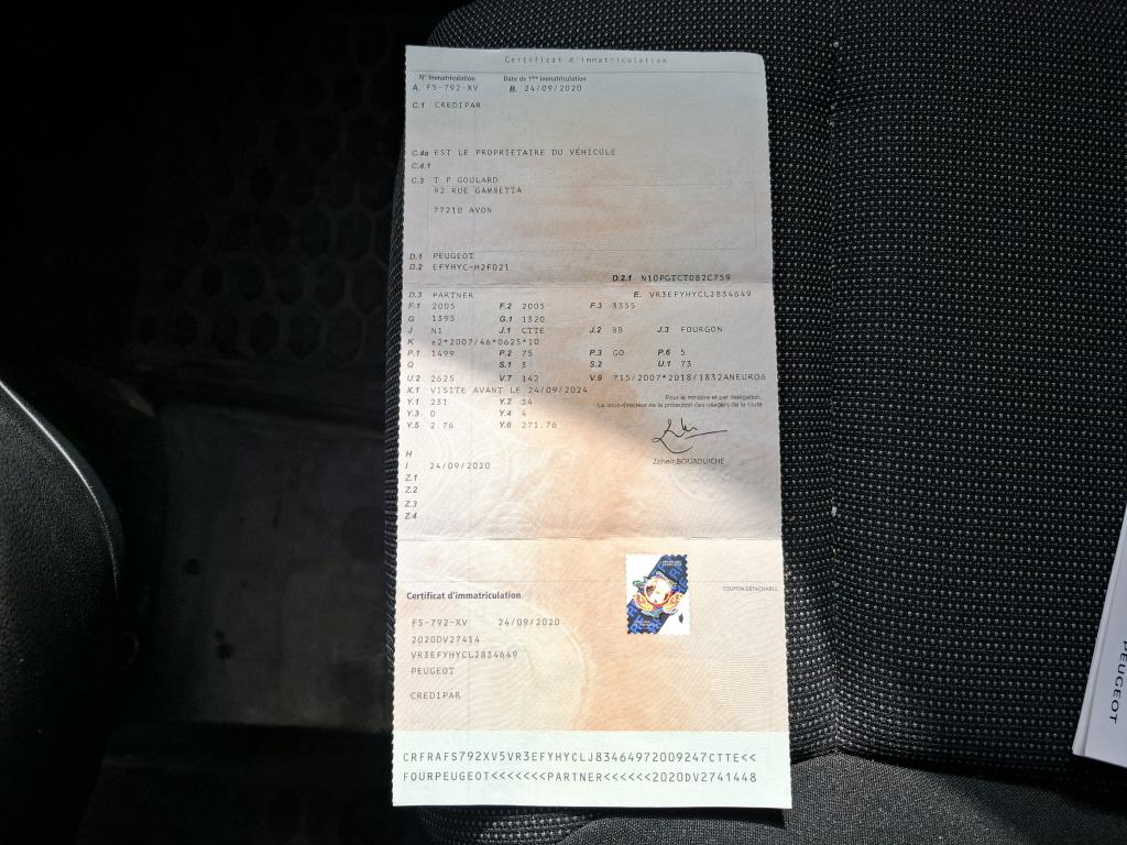 Peugeot PARTNER FOURGON STANDARD 650 KG BLUEHDI 100 S&S BVM5 PREMIUM 2020