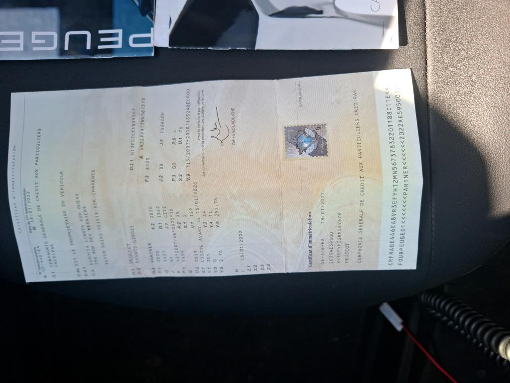 Peugeot PARTNER FOURGON STANDARD 650 KG BLUEHDI 100 S&S BVM6 PREMIUM 2022